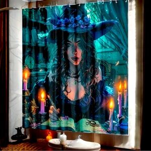 Exquisite Witch Shower Curtain Waterproof Fabric with 12 White‎ Plastic Hooks